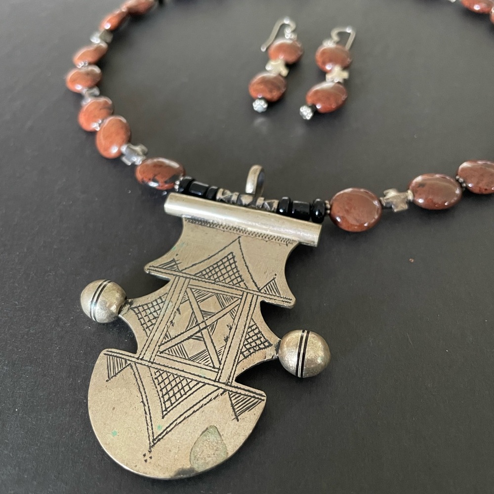 Handmade African Tuareg Necklace with Matching Earrings - Tribal Silver
